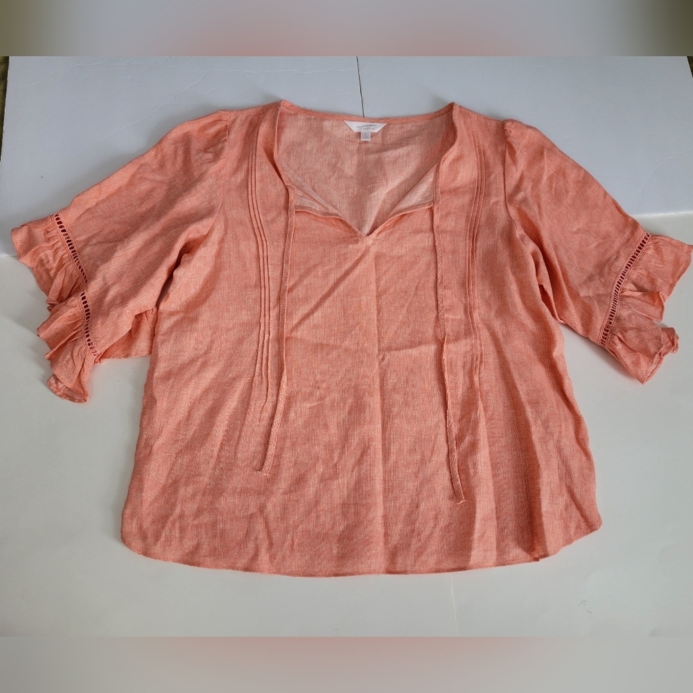 Lauren Conrad Salmon Colored Linen Tie Front V Neck 3/4 Sleeve Shirt - Picture 1 of 8
